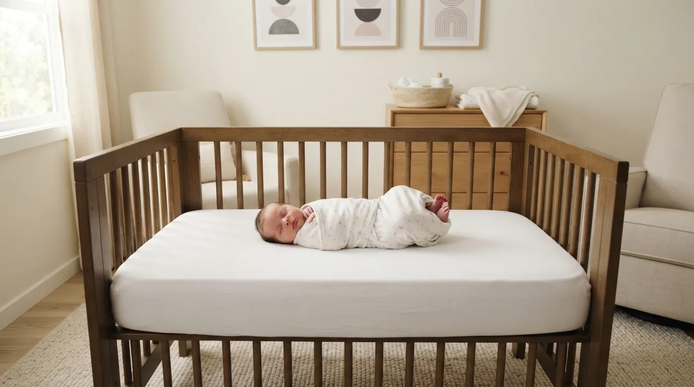 Crib with firm mattress, fitted sheet, and no loose bedding in a nursery setting