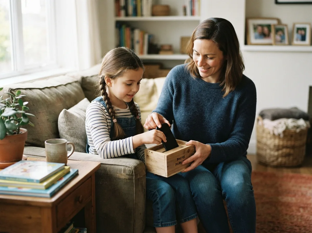 A parent and child setting a phone aside together at home