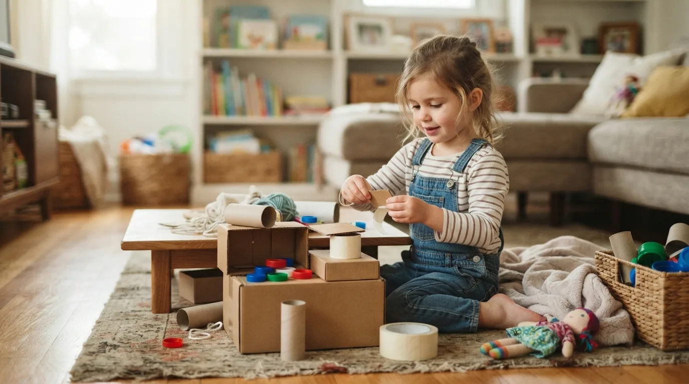 Preschooler playing with household items as part of budget-friendly activities