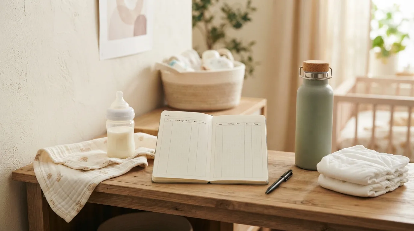 A simple baby feeding and diaper log setup beside newborn care supplies.