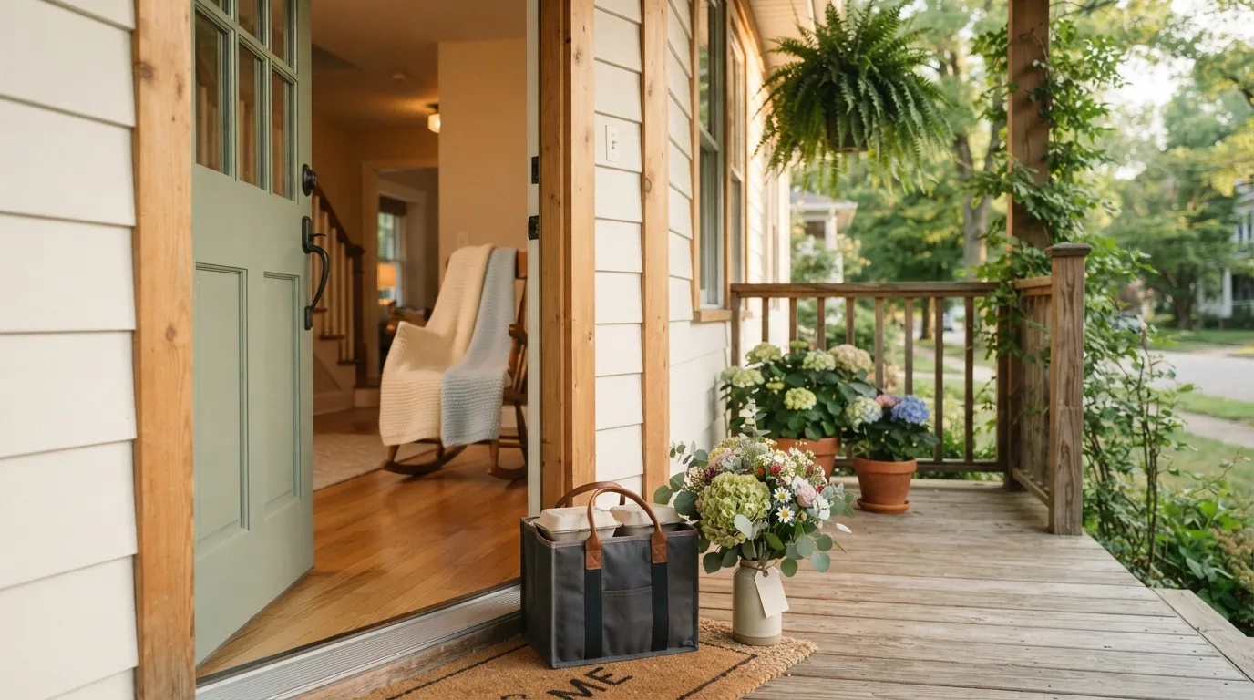 A calm postpartum porch drop-off setup with a meal bag and baby blanket near the door.