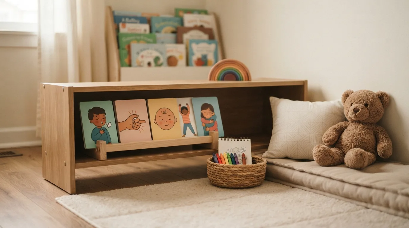Printable calm-down cards arranged in a preschool play corner with a pillow and stuffed animal.