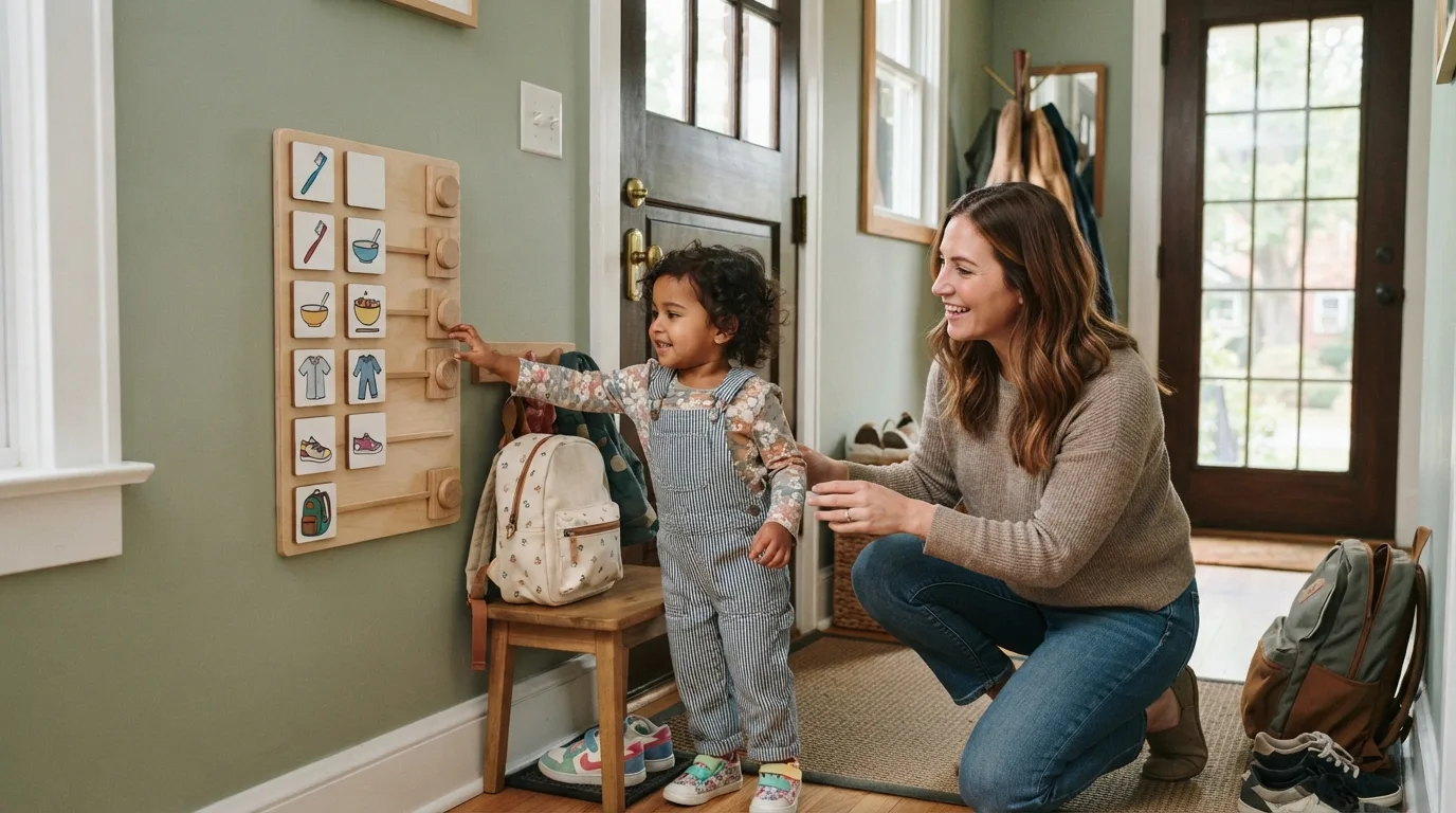 A toddler morning routine chart placed near shoes and a backpack by the front door.