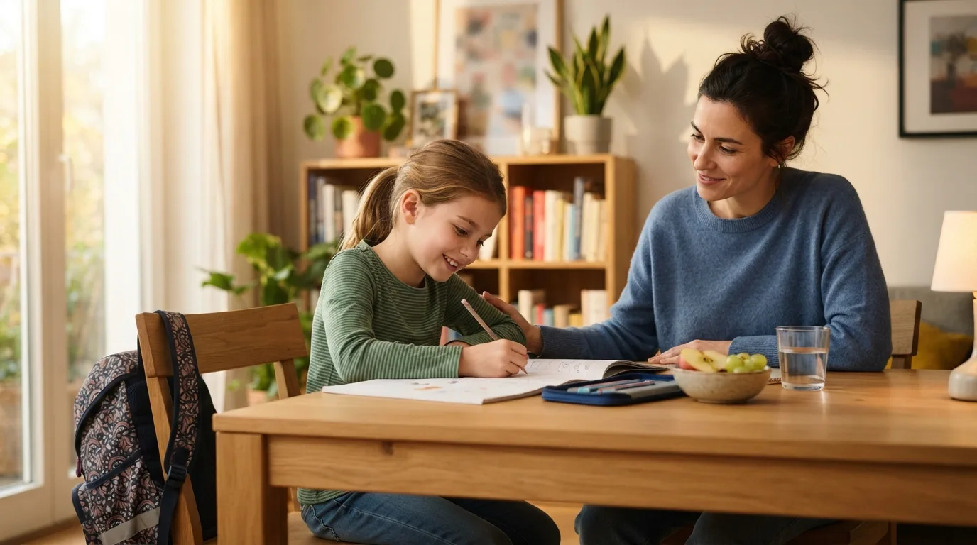 A child beginning homework at a clear table with a snack, water, pencil, and parent nearby.