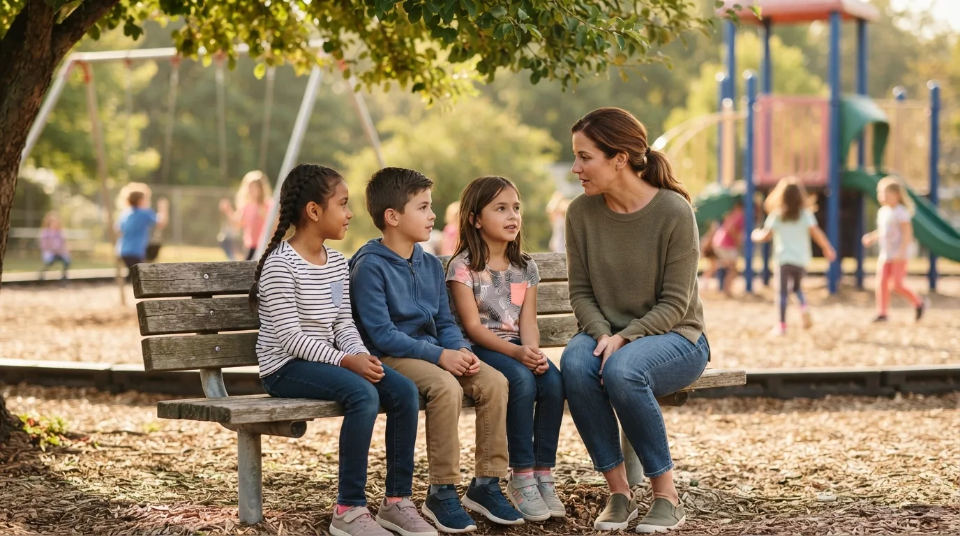 Elementary children working through a friendship problem with calm adult support nearby.