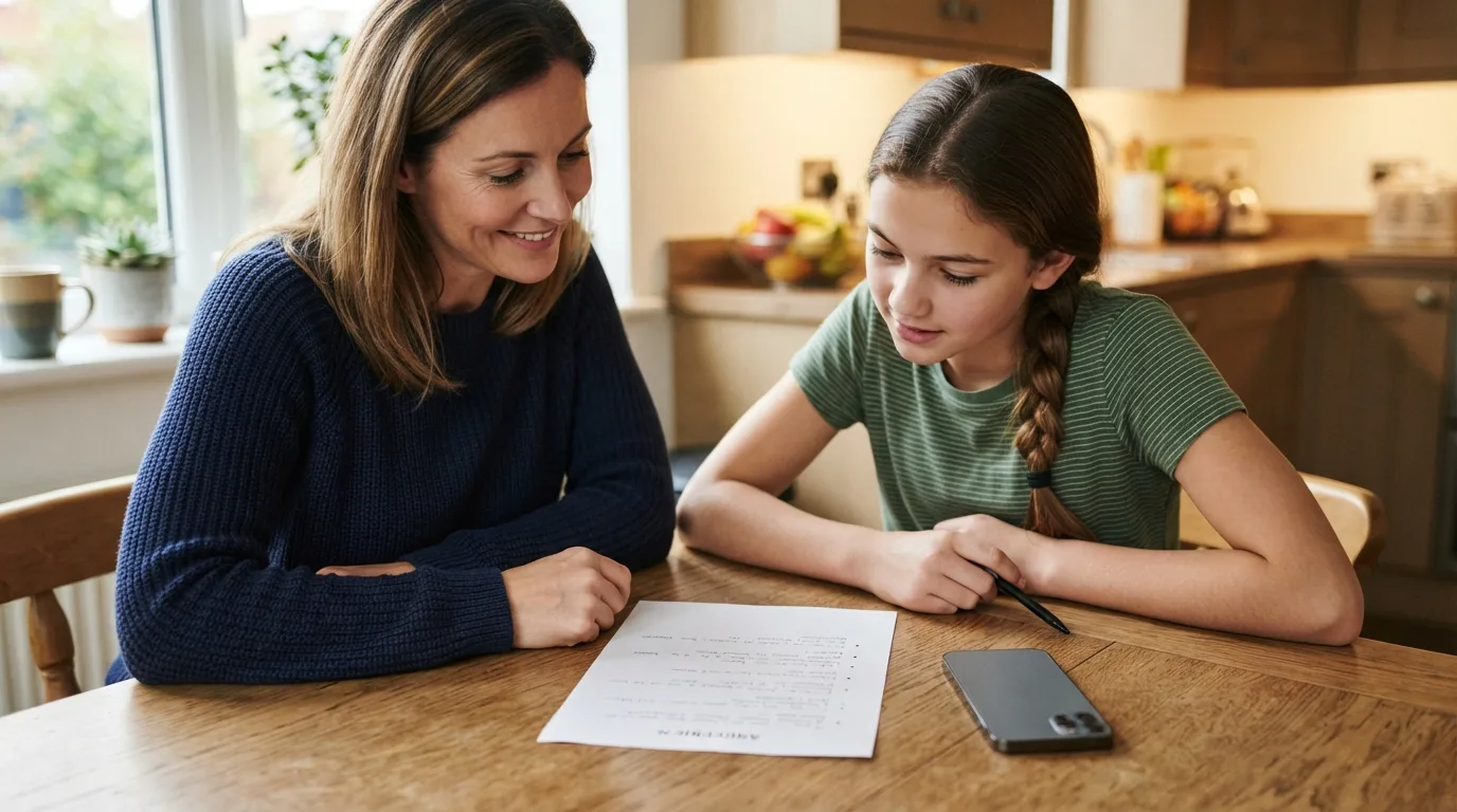 A parent and tween reviewing a first phone agreement together at a kitchen table.