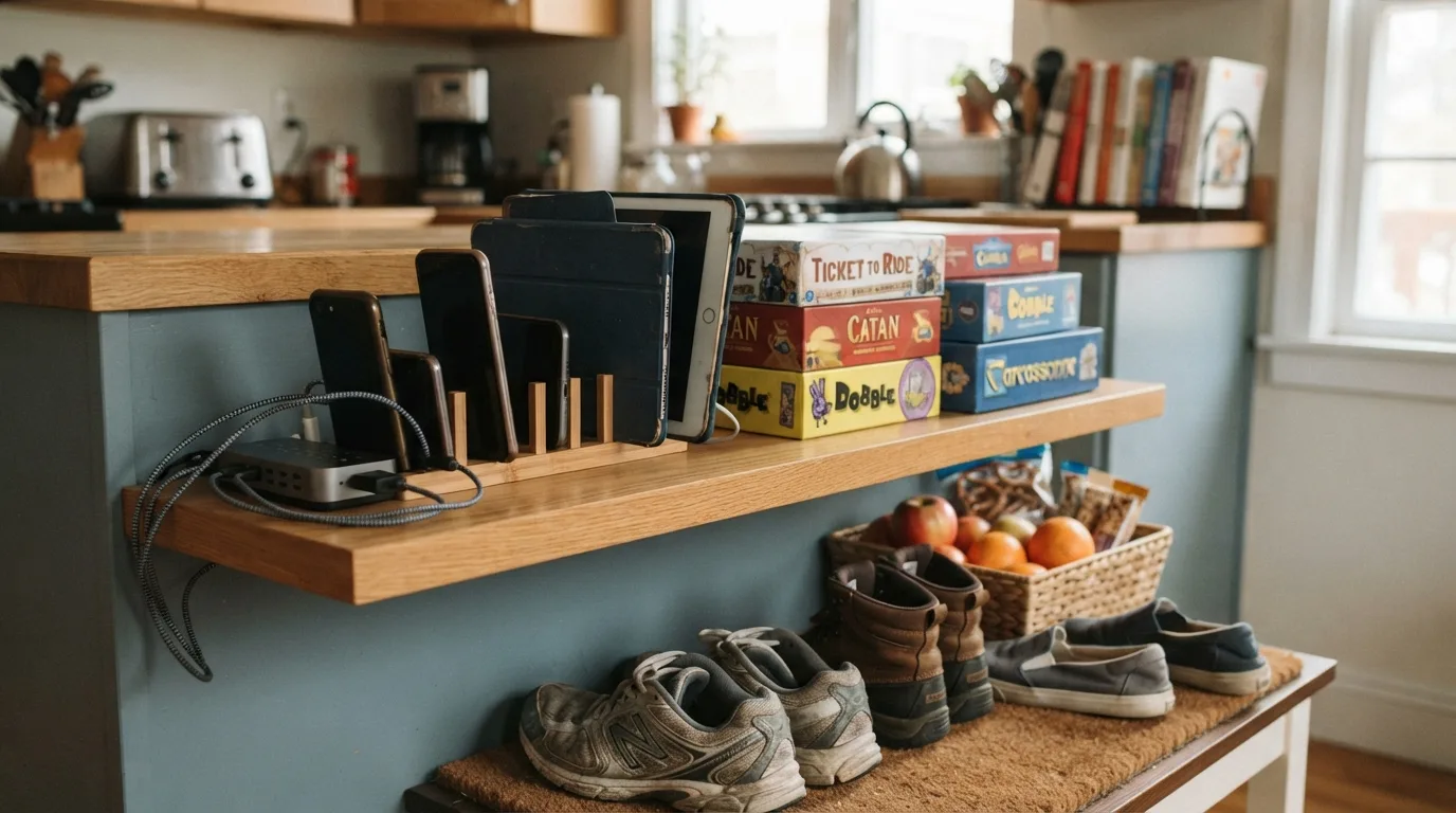 Family devices parked together on a kitchen shelf during a screen reset weekend.