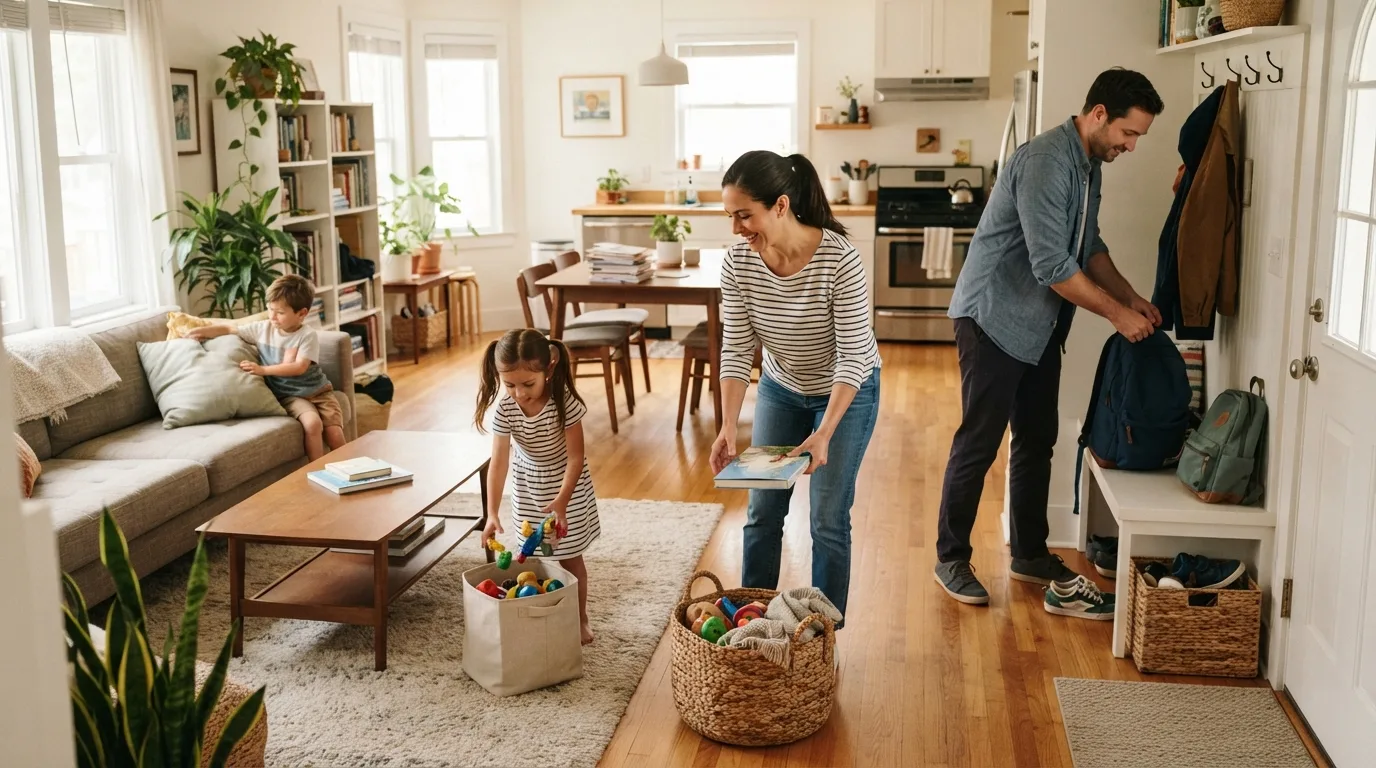 A family doing a quick room reset with baskets, backpacks, and shoes in a lived-in home.