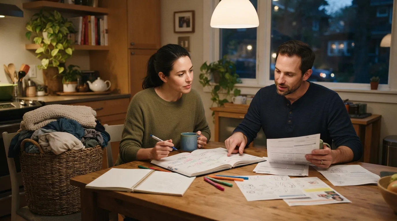 Two parents reviewing family tasks and hidden household work at a kitchen table.
