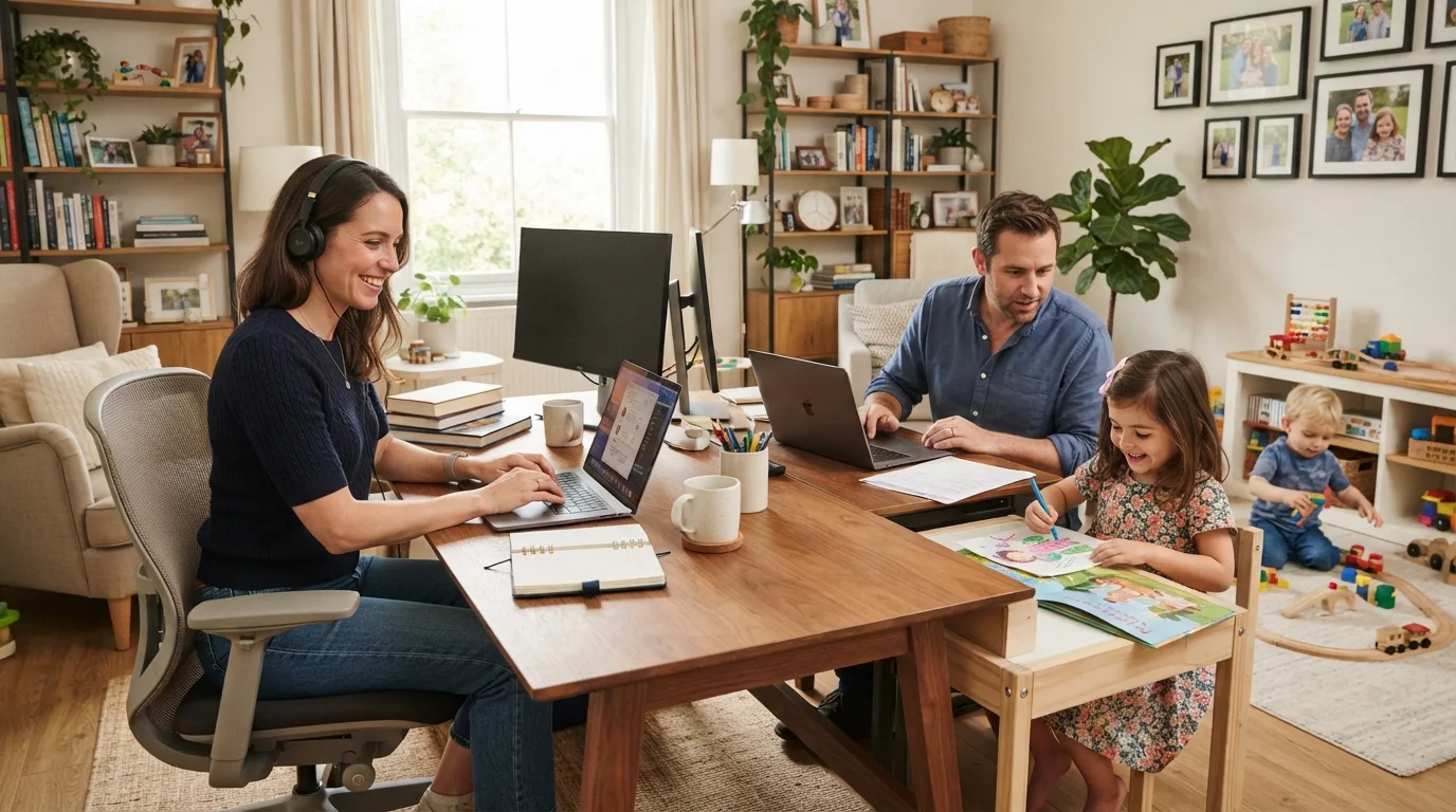 Parent working remotely from home with children nearby