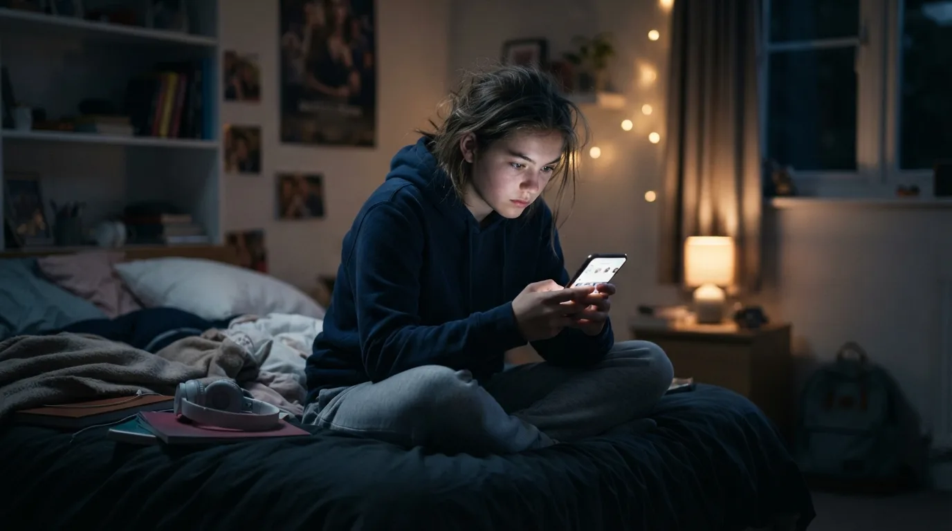 Teen using smartphone with concerned parent behind, illustrating signs of problematic phone habits