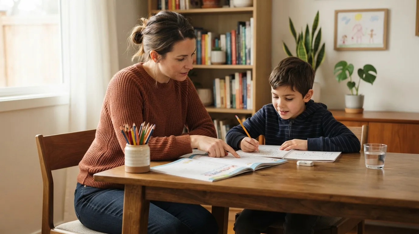 Parent and child having a discussion at home, setting goals together.